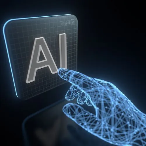 Eine grafische Darstellung einer Drahtgitterhand, die auf einen leuchtenden Button mit der Aufschrift 'AI' zeigt, vor einem dunklen Hintergrund.
